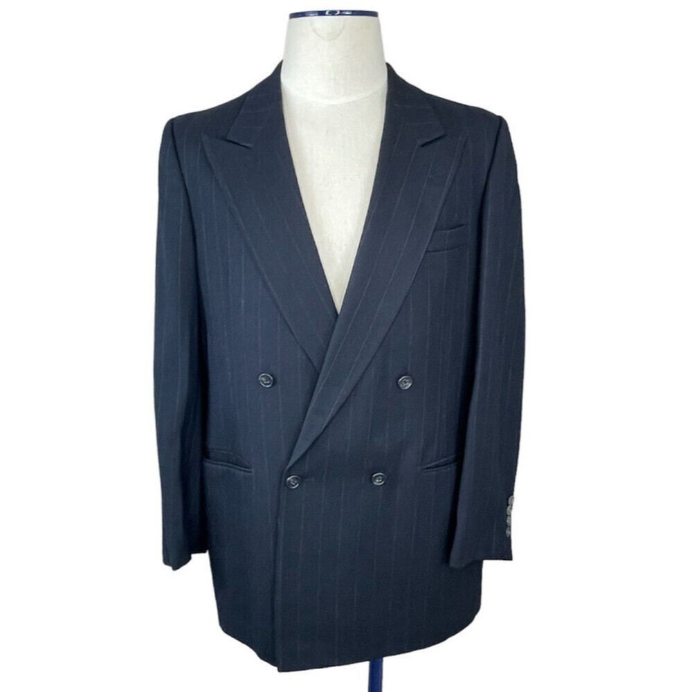 Perry Ellis Men Suit Jacket Sz 46 L Black Stripes Virgin Wool Double Breasted